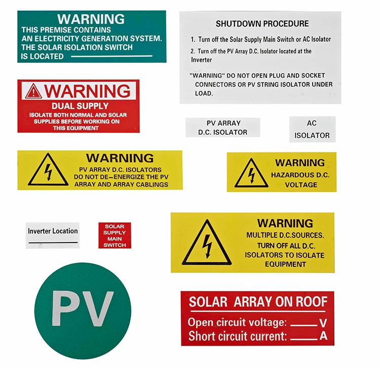 Étiquettes d'avertissement pour système PV